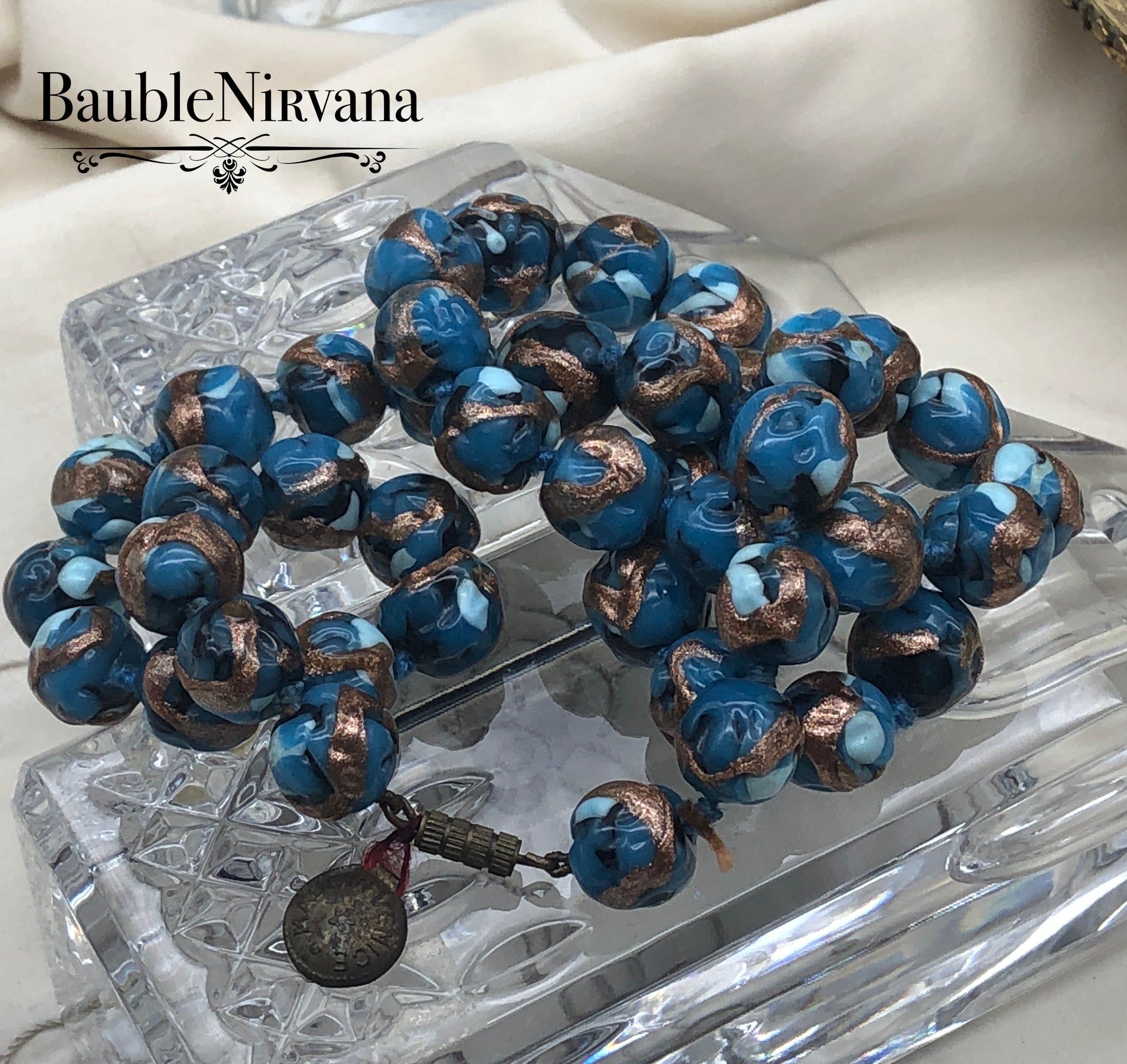 Vintage Venetian Art Glass Blue & Copper Unusual Beads Necklace Original Tag