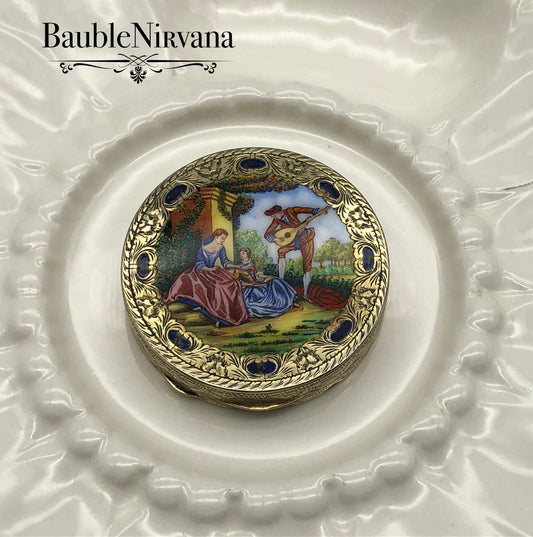 Vintage 800 Sterling & Enamel Italian Compact Gold Gilt Hand Painted Serenade