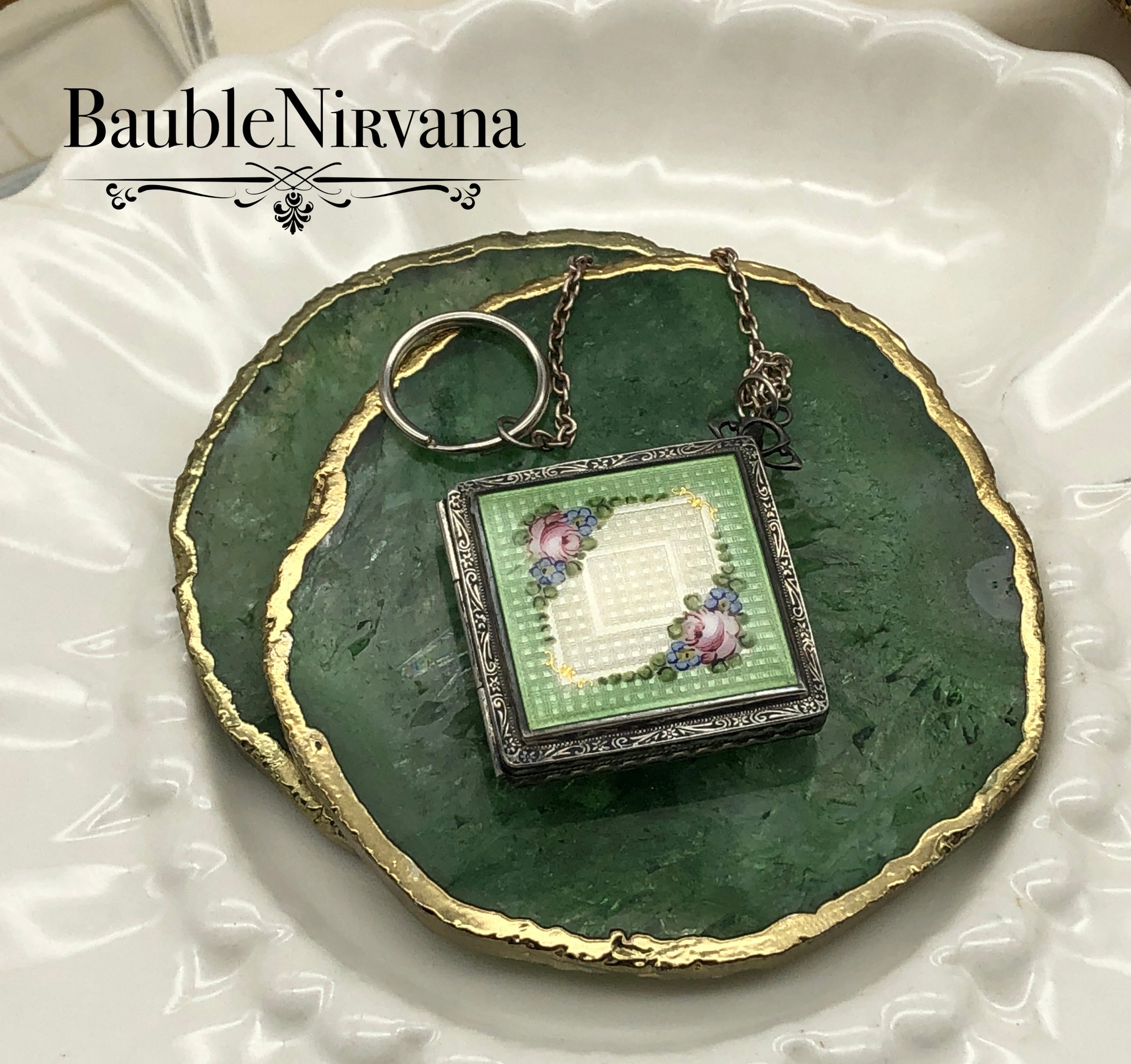Vintage LaMode Sterling Silver Green/White Guilloche Enamel Compact