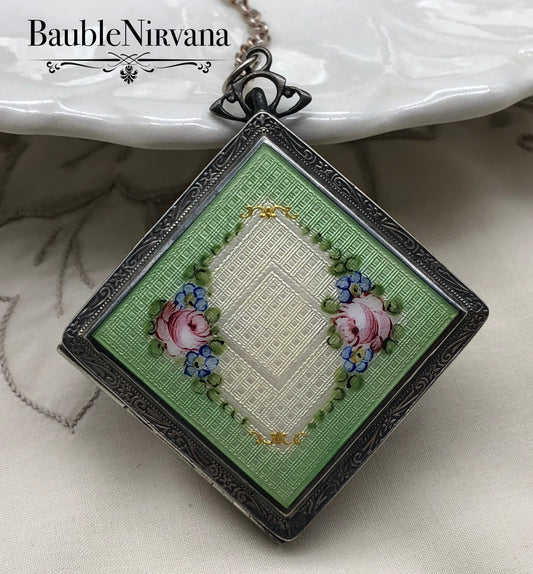 Vintage LaMode Sterling Silver Green/White Guilloche Enamel Compact