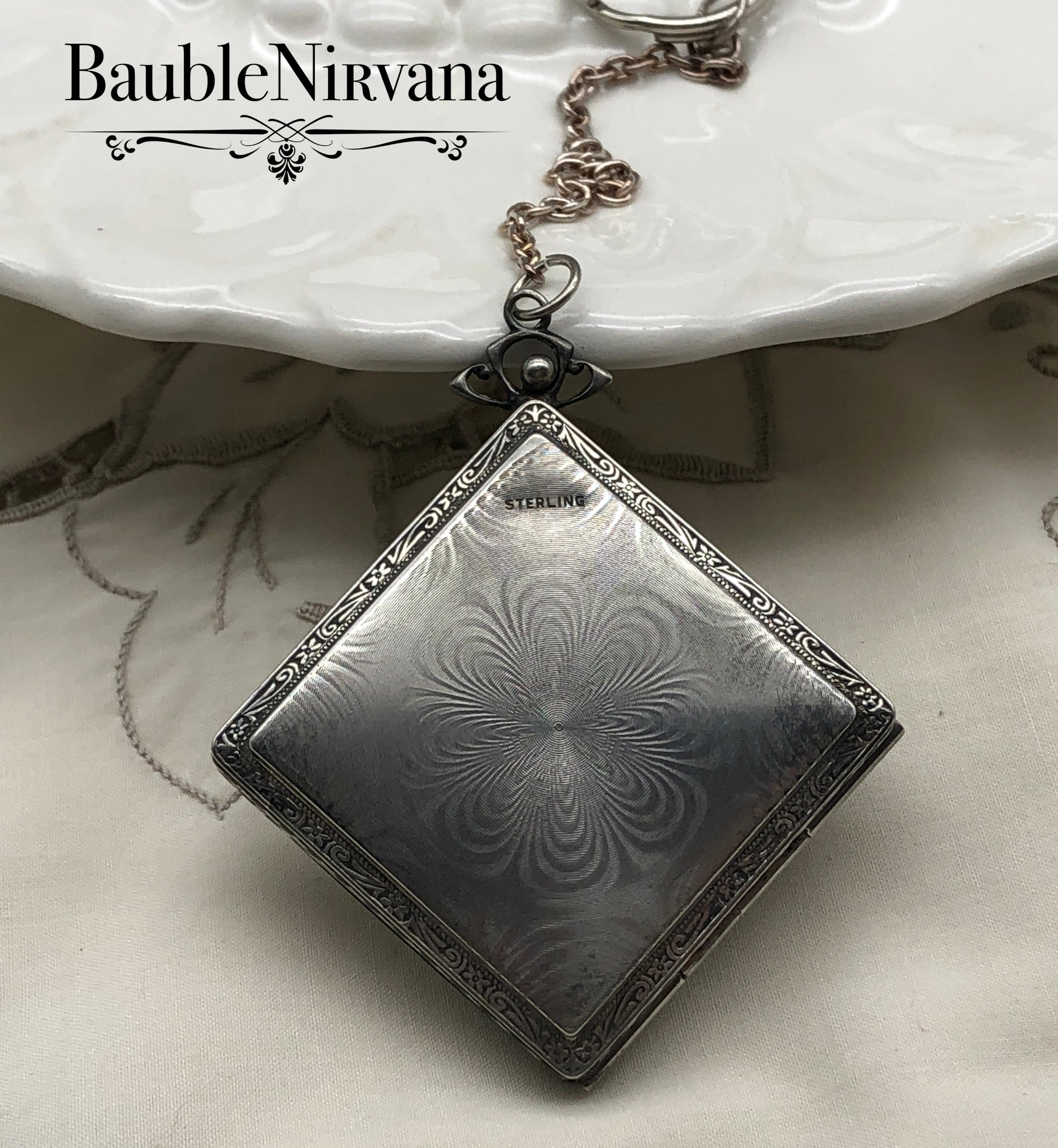 Vintage LaMode Sterling Silver Green/White Guilloche Enamel Compact