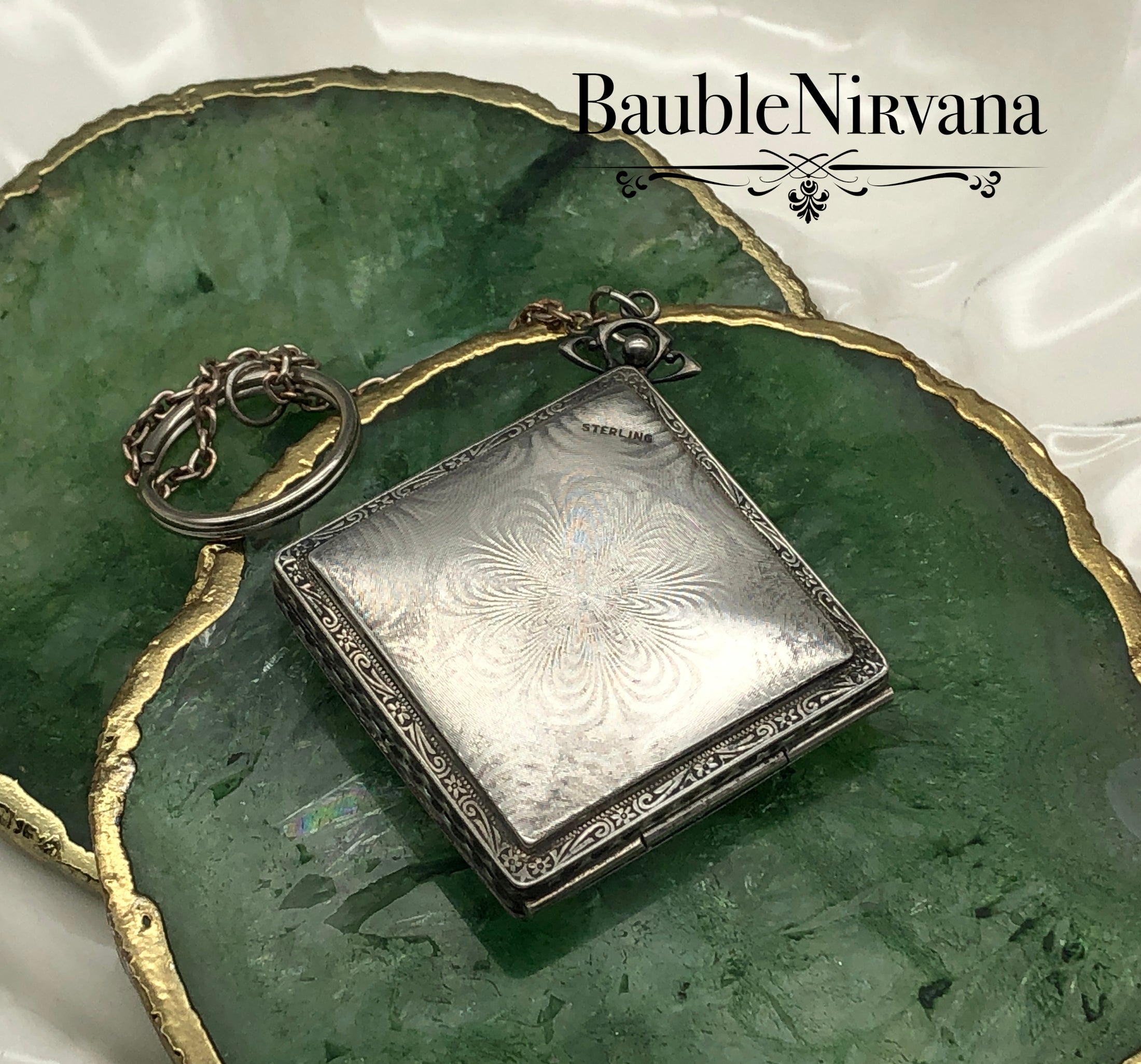 Vintage LaMode Sterling Silver Green/White Guilloche Enamel Compact