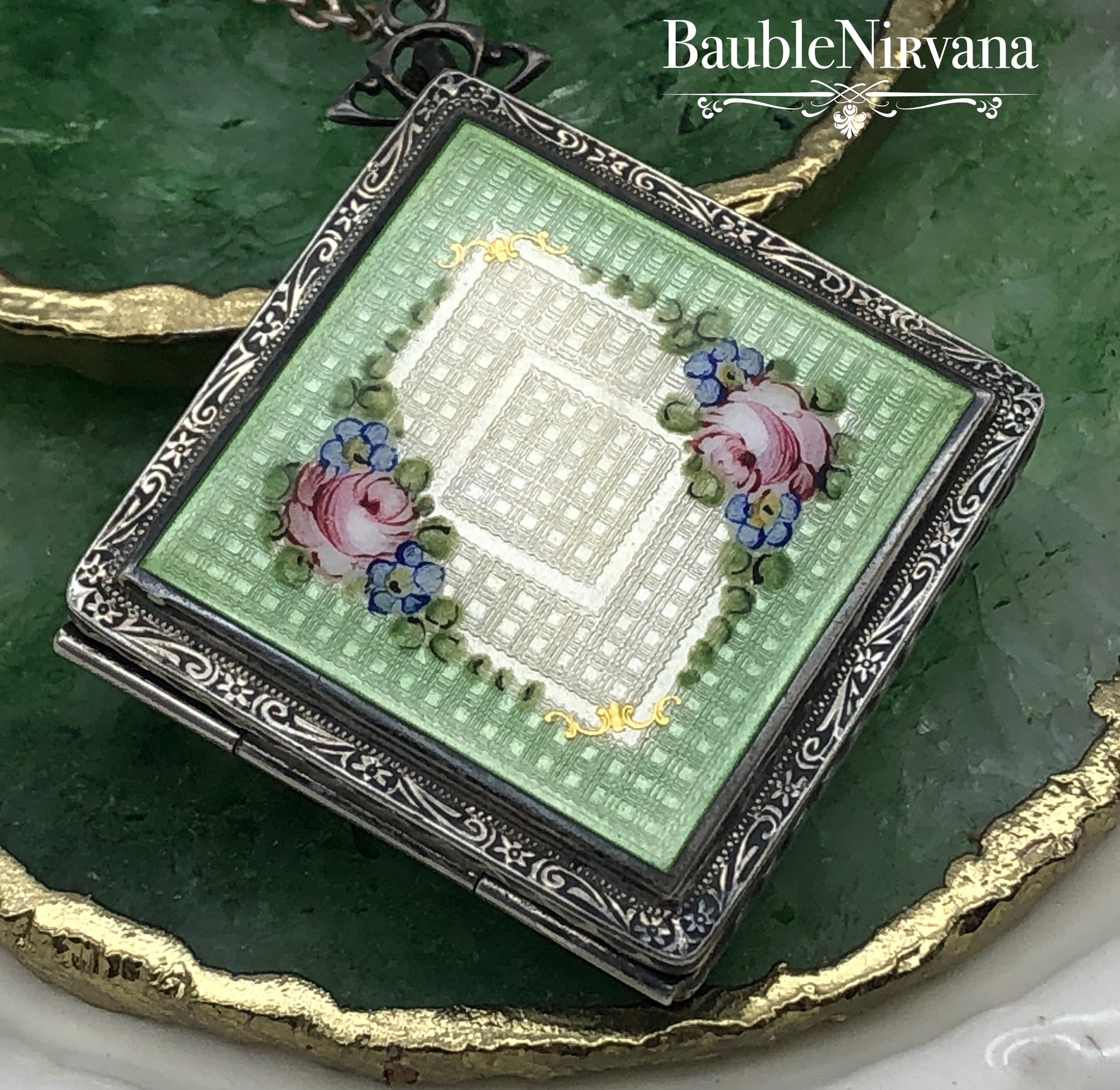 Vintage LaMode Sterling Silver Green/White Guilloche Enamel Compact