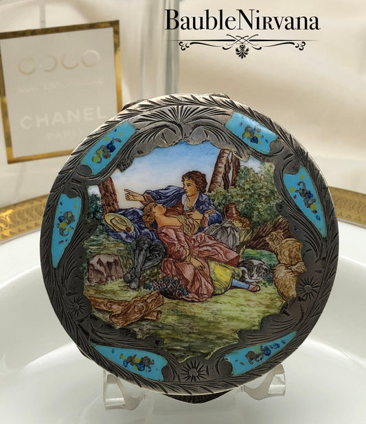 Vintage Italy 800 Silver & Enamel Lovers in the Park Scene Round Powder Compact