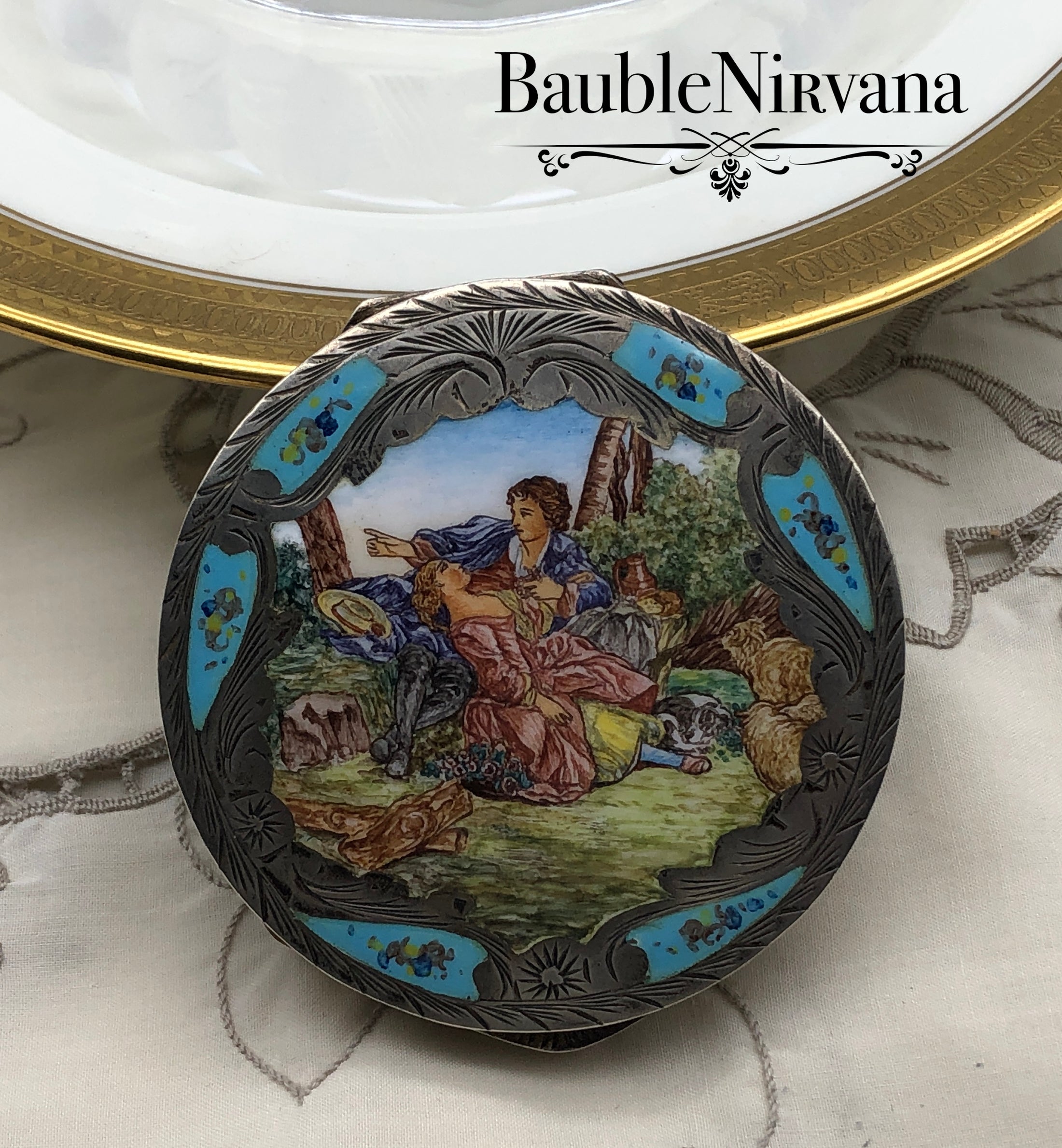 Vintage Italy 800 Silver & Enamel Lovers in the Park Scene Round Powder Compact