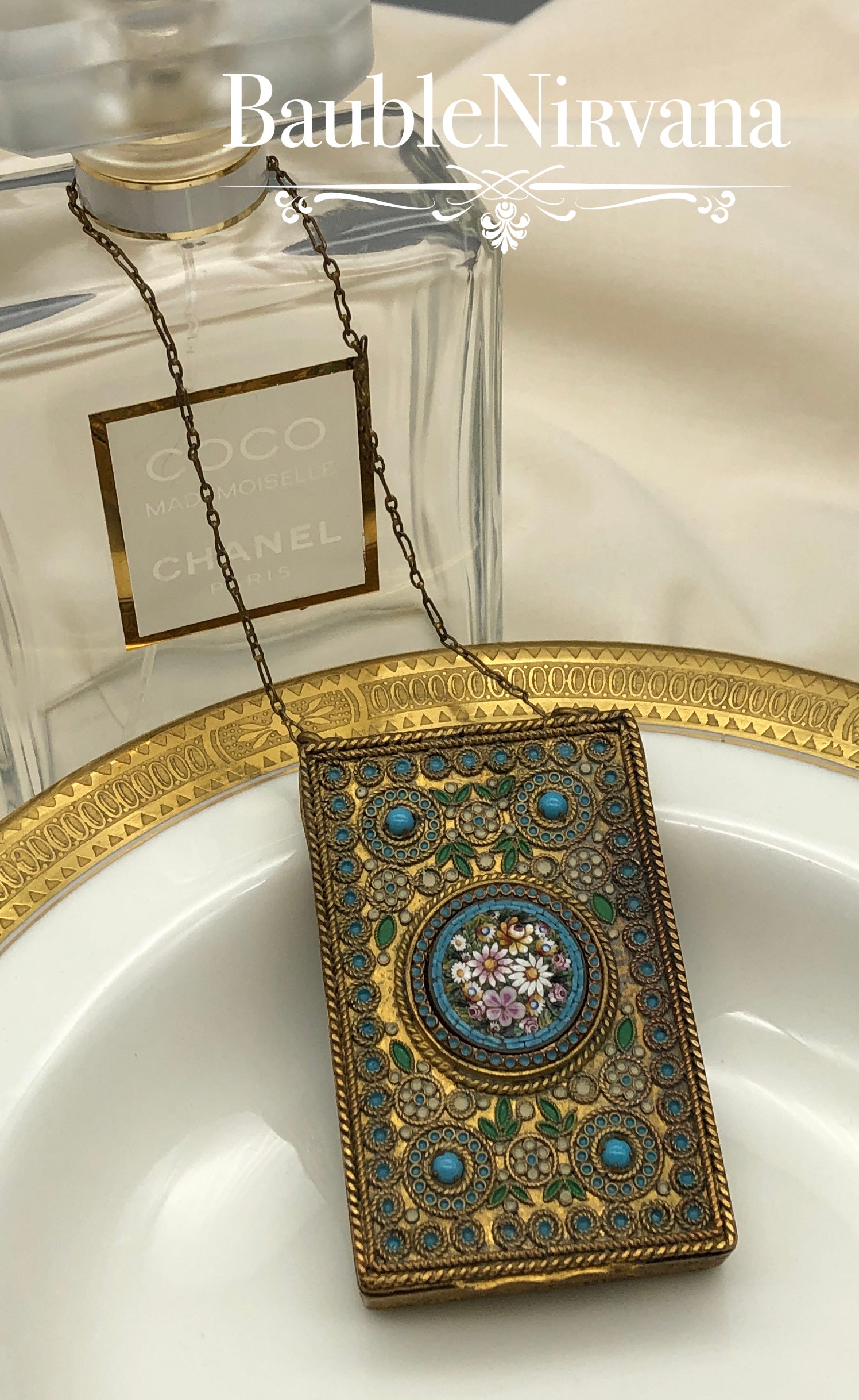 Antique France Gold Gilt Compact with Chain Enamel Micro Mosaic & Jewels