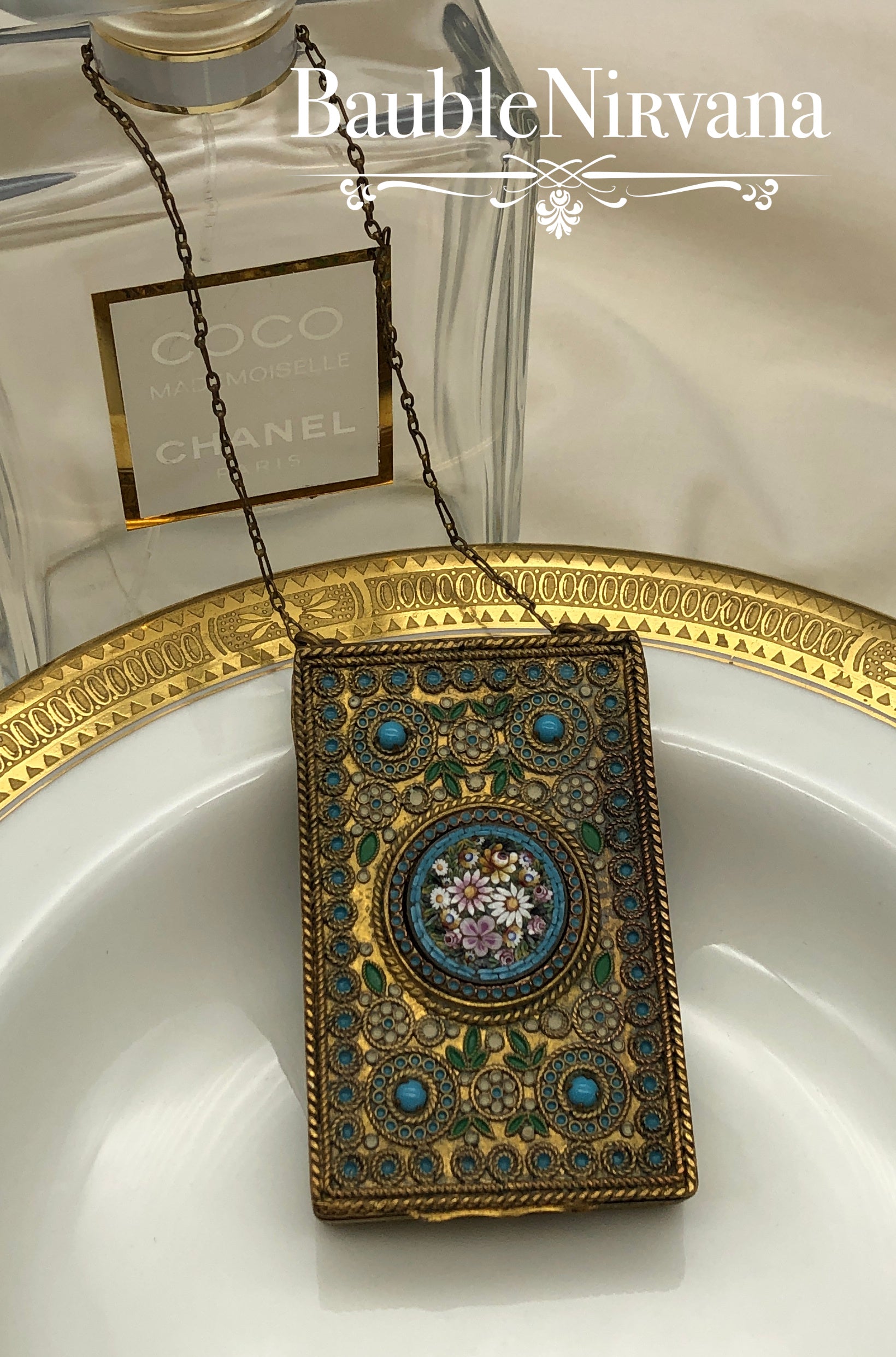 Antique France Gold Gilt Compact with Chain Enamel Micro Mosaic & Jewels