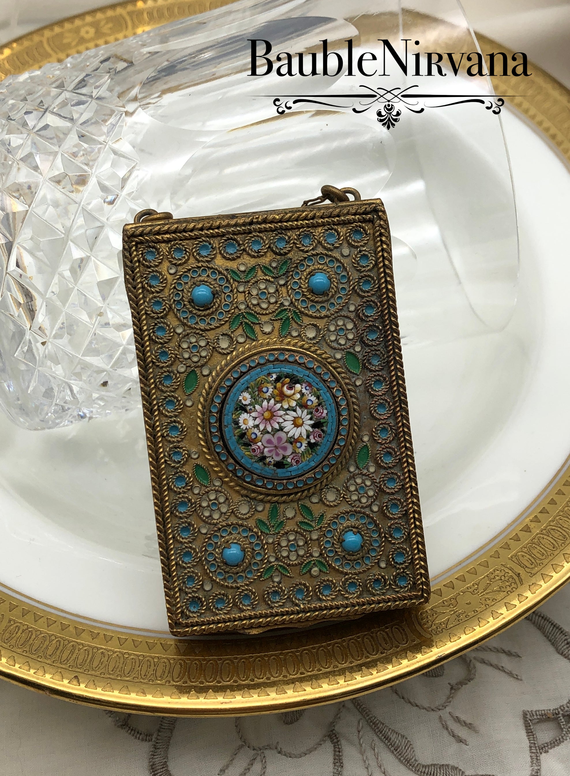 Antique France Gold Gilt Compact with Chain Enamel Micro Mosaic & Jewels