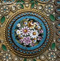 Load image into Gallery viewer, Antique France Gold Gilt Compact with Chain Enamel Micro Mosaic & Jewels
