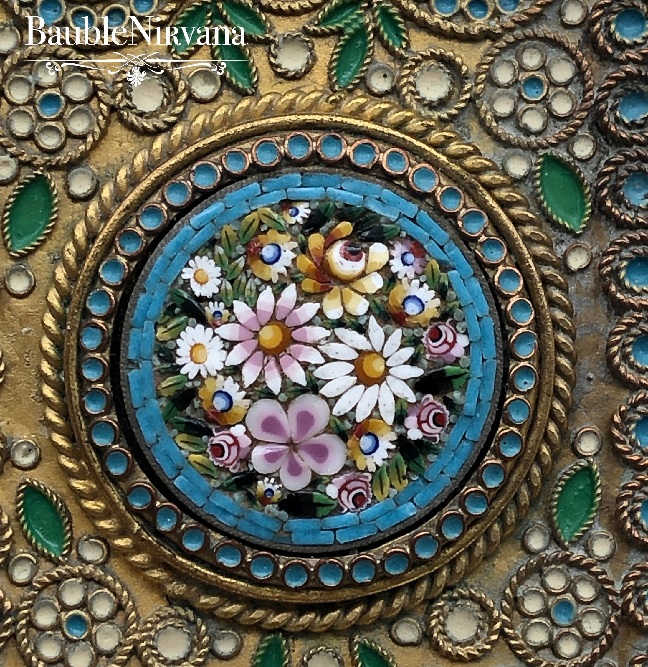Antique France Gold Gilt Compact with Chain Enamel Micro Mosaic & Jewels