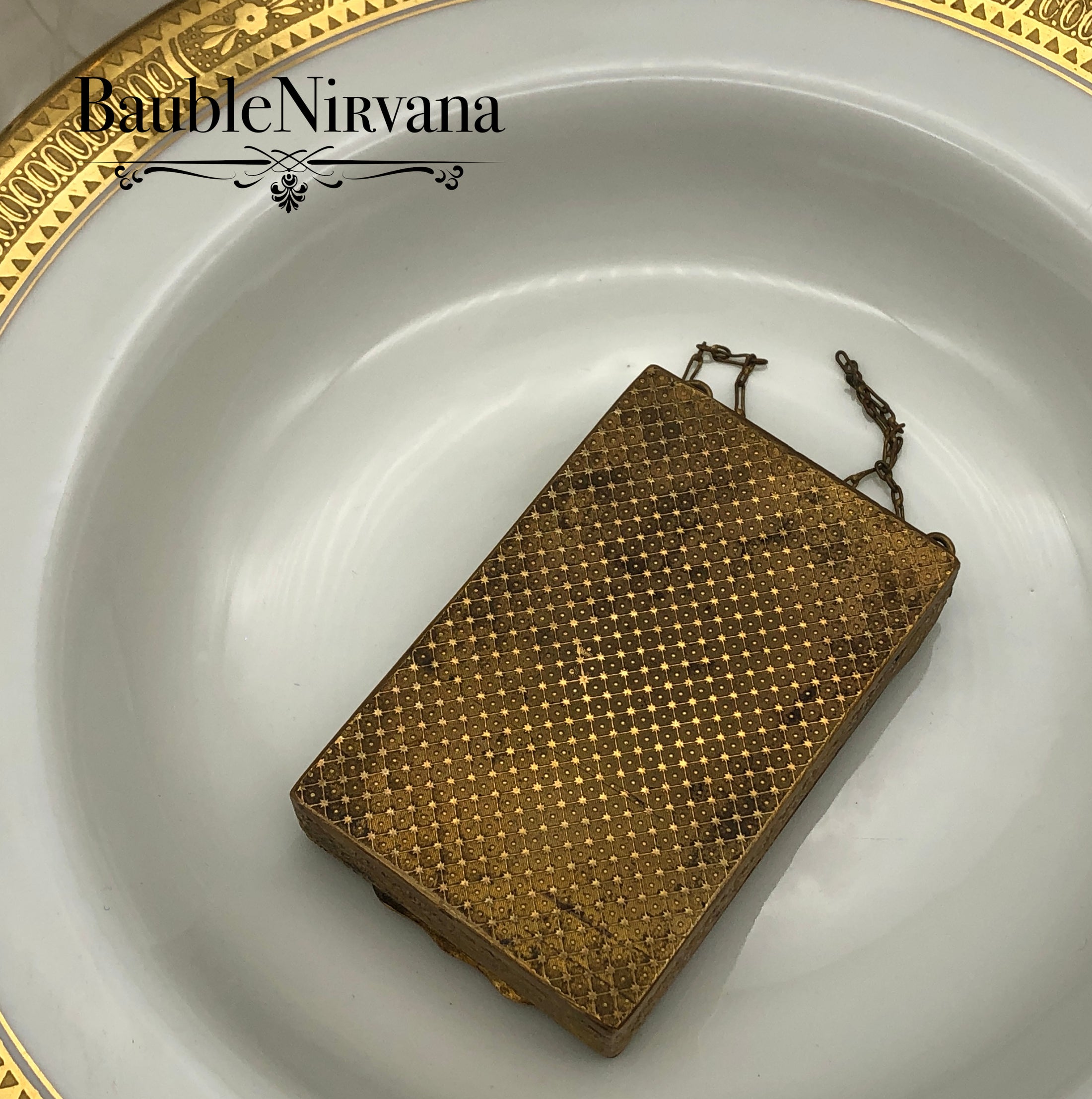 Antique France Gold Gilt Compact with Chain Enamel Micro Mosaic & Jewels