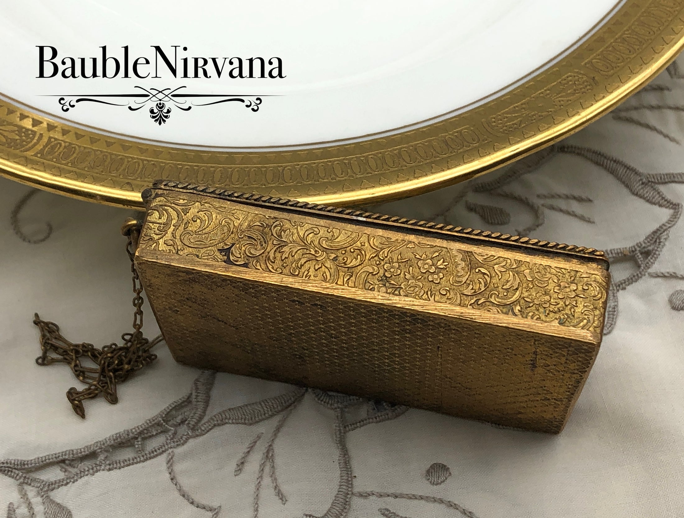 Antique France Gold Gilt Compact with Chain Enamel Micro Mosaic & Jewels
