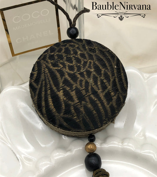 Vintage Art Deco Black Material w/Metal Wire Cord Tassel Dance Powder Compact