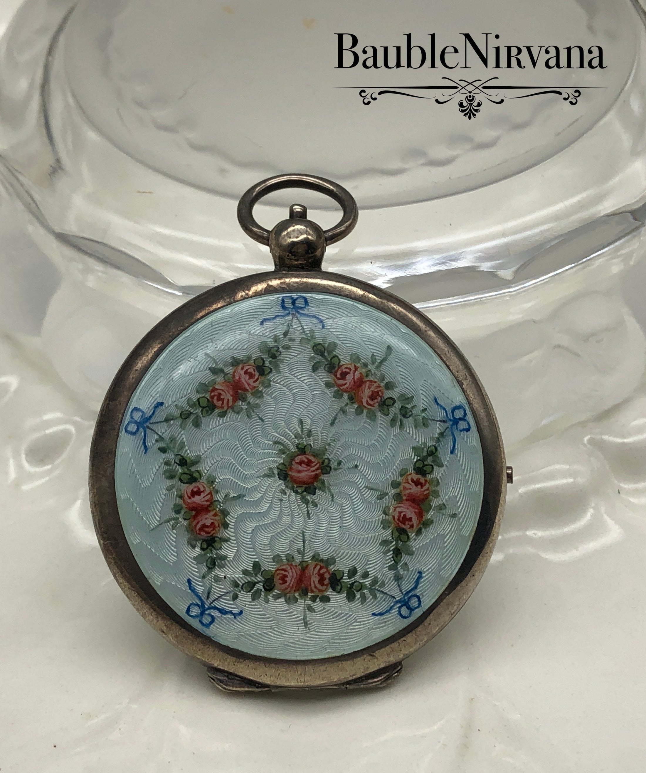 Antique Sterling Silver & Guilloche Enamel Pocketwatch Compact Painted Flowers