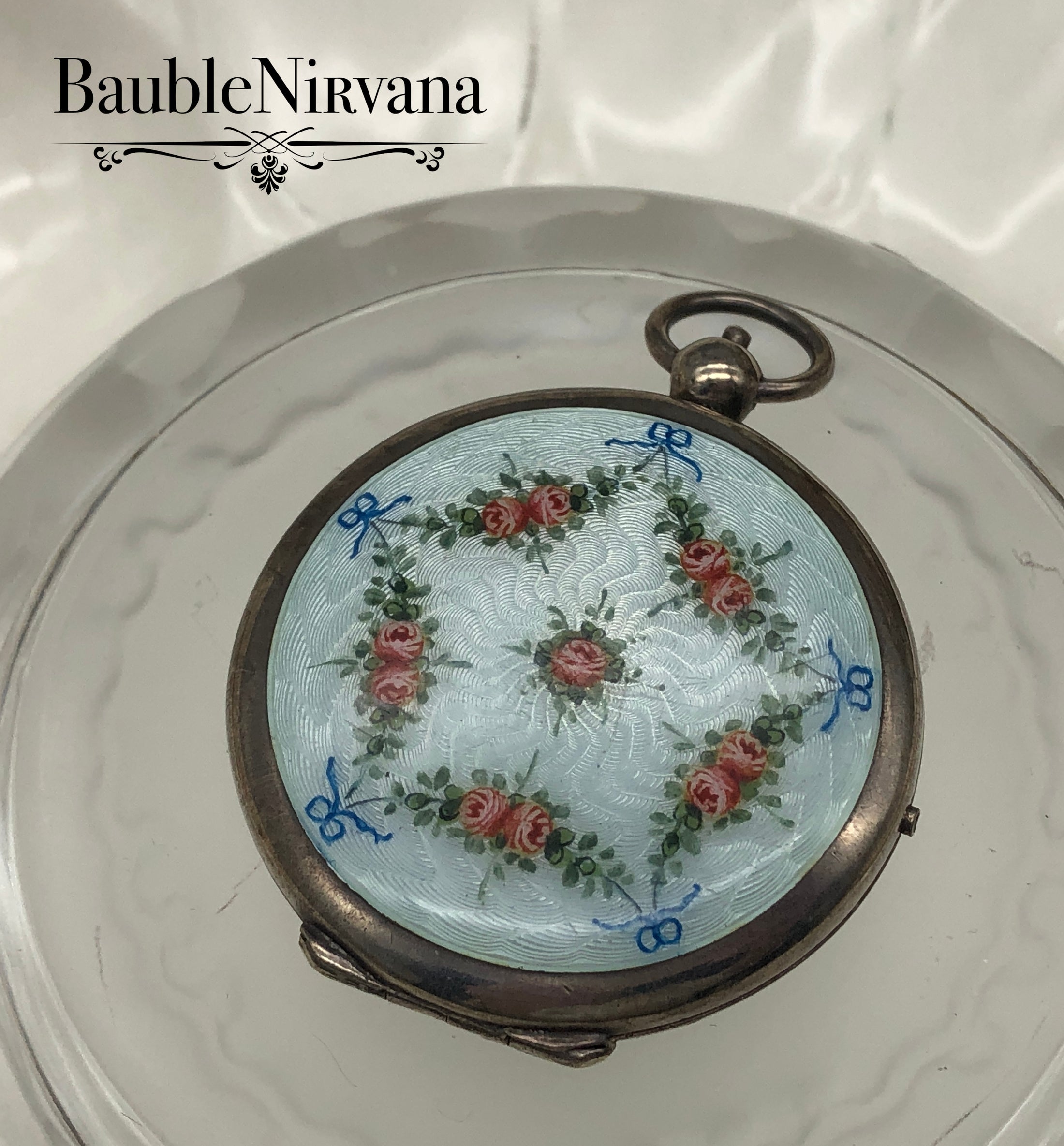 Antique Sterling Silver & Guilloche Enamel Pocketwatch Compact Painted Flowers