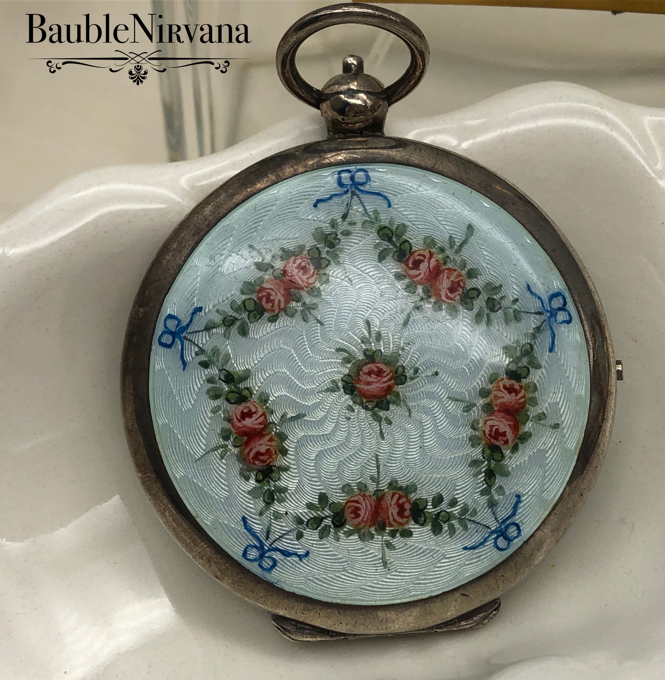 Antique Sterling Silver & Guilloche Enamel Pocketwatch Compact Painted Flowers