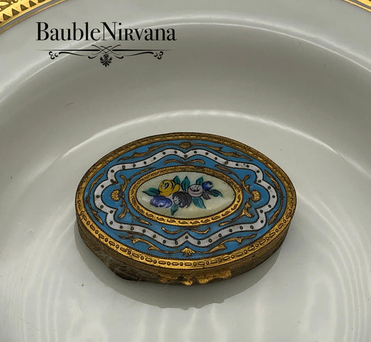 Vintage Made Italy Gold Gilt Oval Compact w/Enamel Hand Painted Decoration