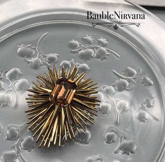 Vintage Trifari Mid Century Modern Atomic Starburst w/Amber Brown Pin Brooch