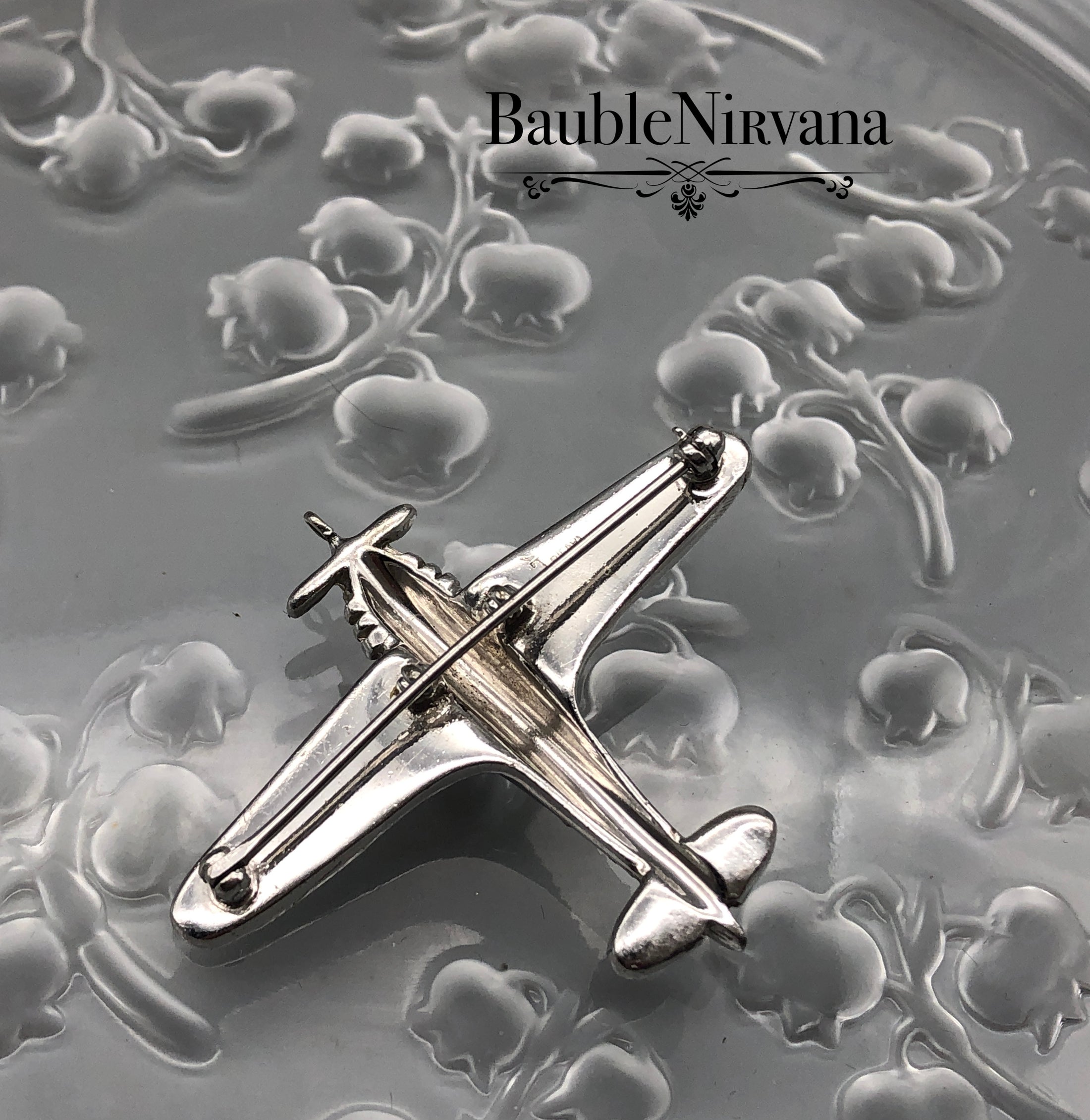 Vintage Trifari Philippe WWII Fighter Bomber Airplane Rhinestones&Enamel Pin Brooch