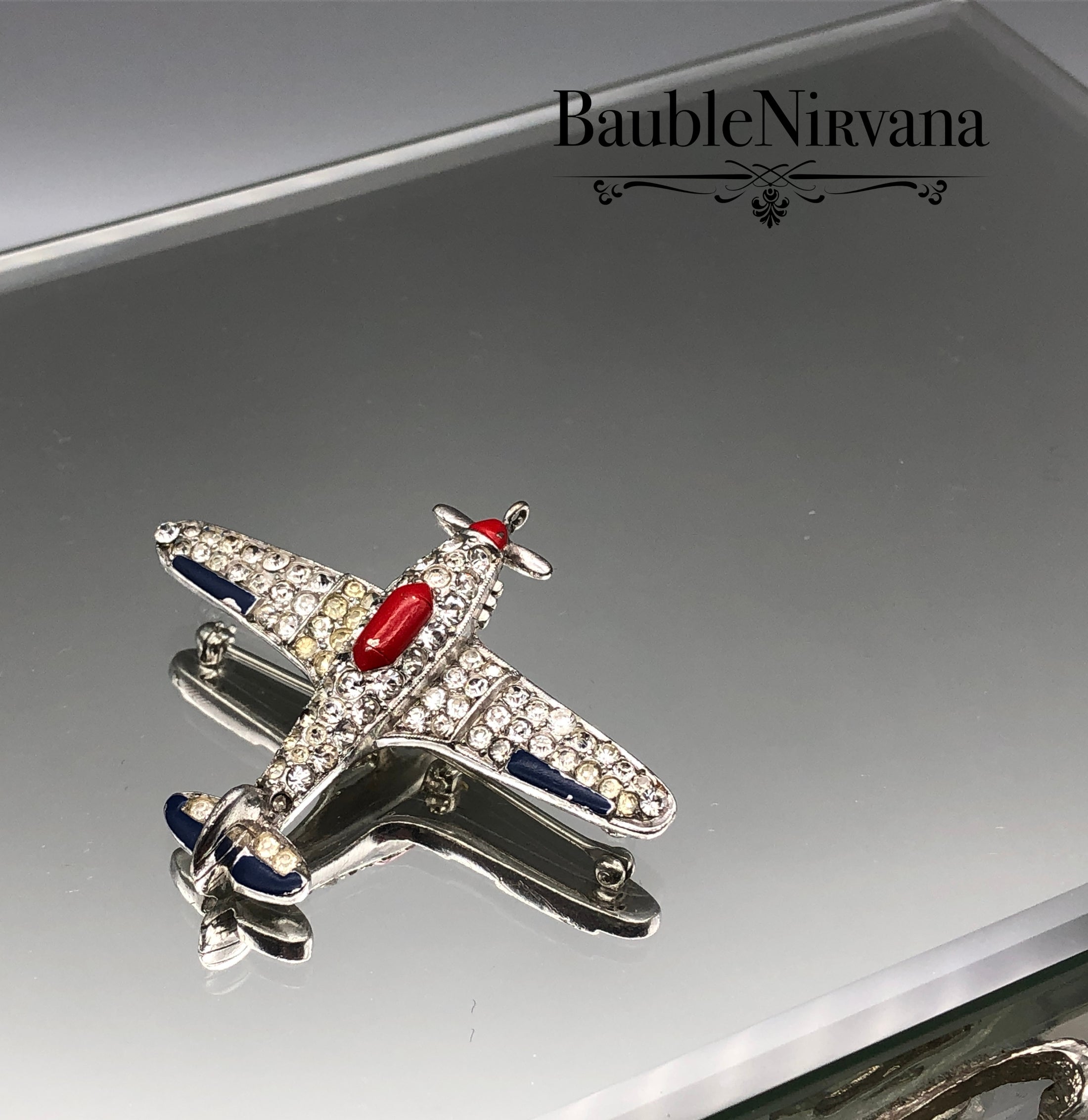 Vintage Trifari Philippe WWII Fighter Bomber Airplane Rhinestones&Enamel Pin Brooch