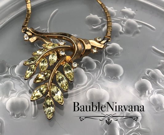 Vintage Trifari Gold Plated Yellow Citrine Rhinestones Openwork Leaves Necklace