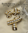 Load image into Gallery viewer, Vintage Crown Trifari Gold Plated & White Glass Cabochon Ribbon Pin&Earrings Set
