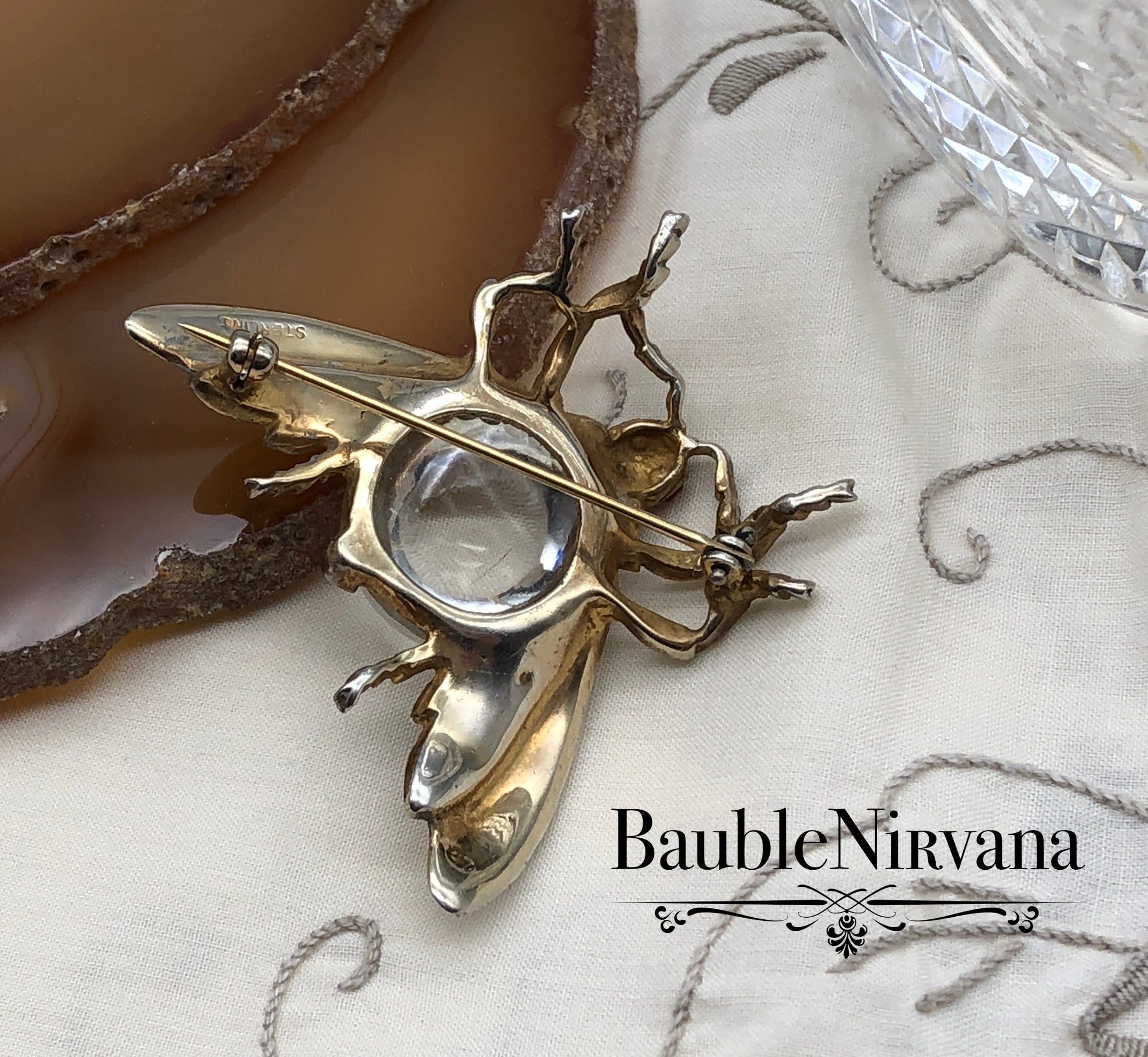 Vintage Trifari Sterling Silver Jelly Belly Large Fly Bug Insect Brooch Pin