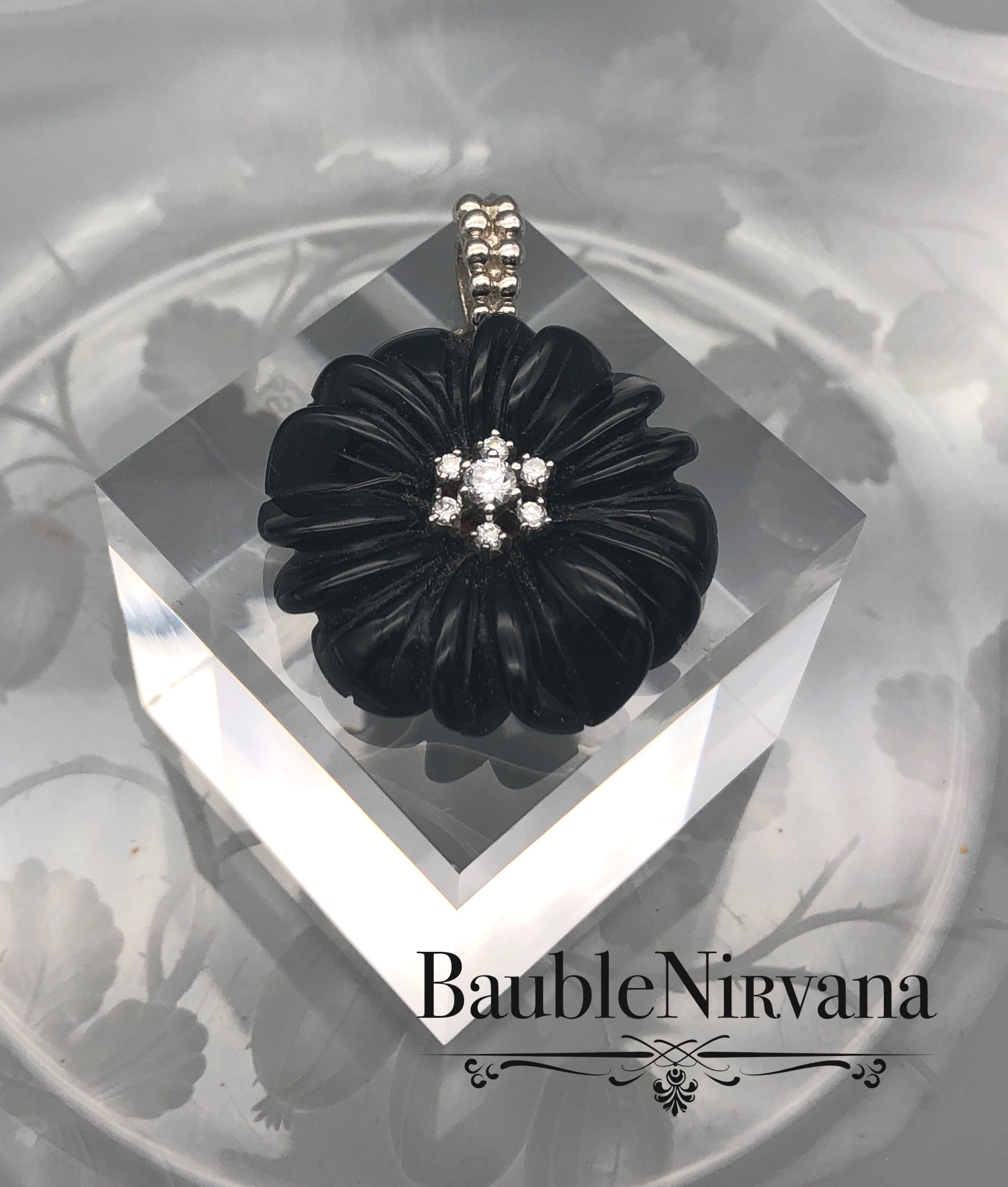 Sterling Silver & Black Glass Flower Pendant