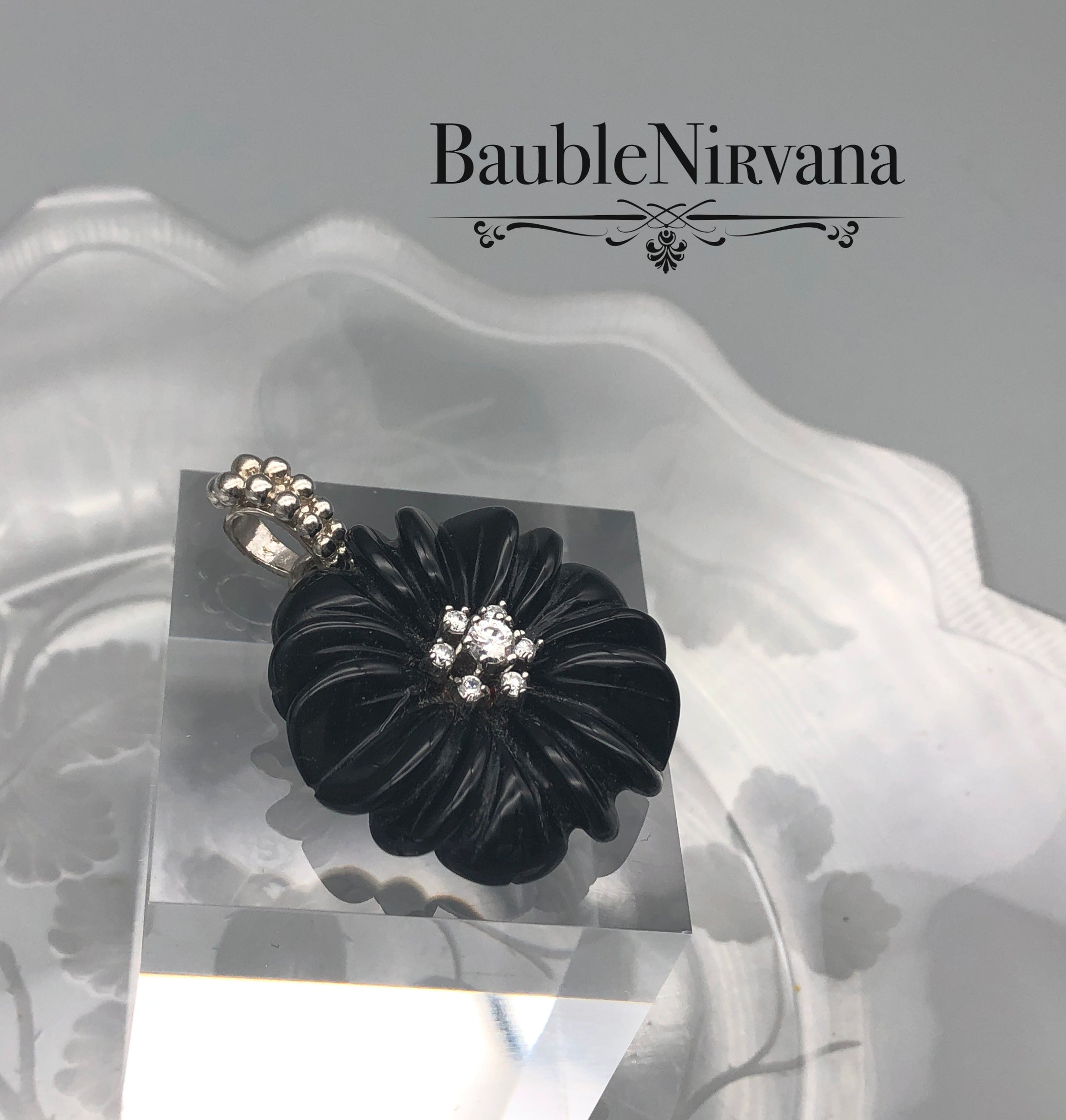 925 Silver & Black Glass Flower Pendant