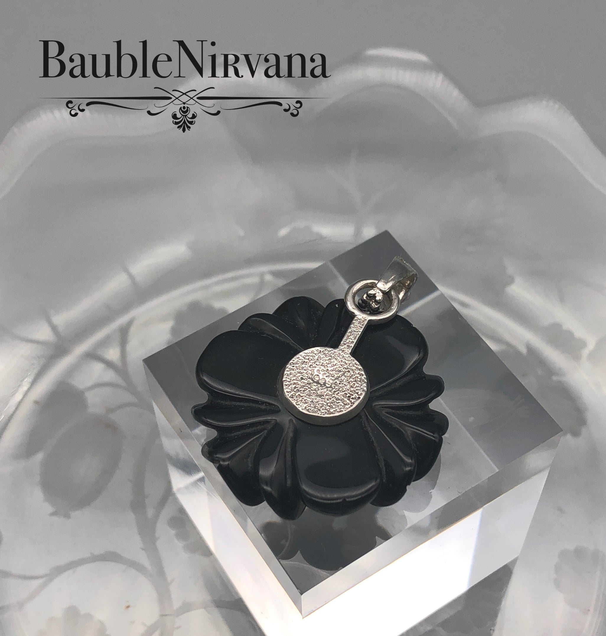 Sterling Silver 925 & Black Glass Flower Pendant