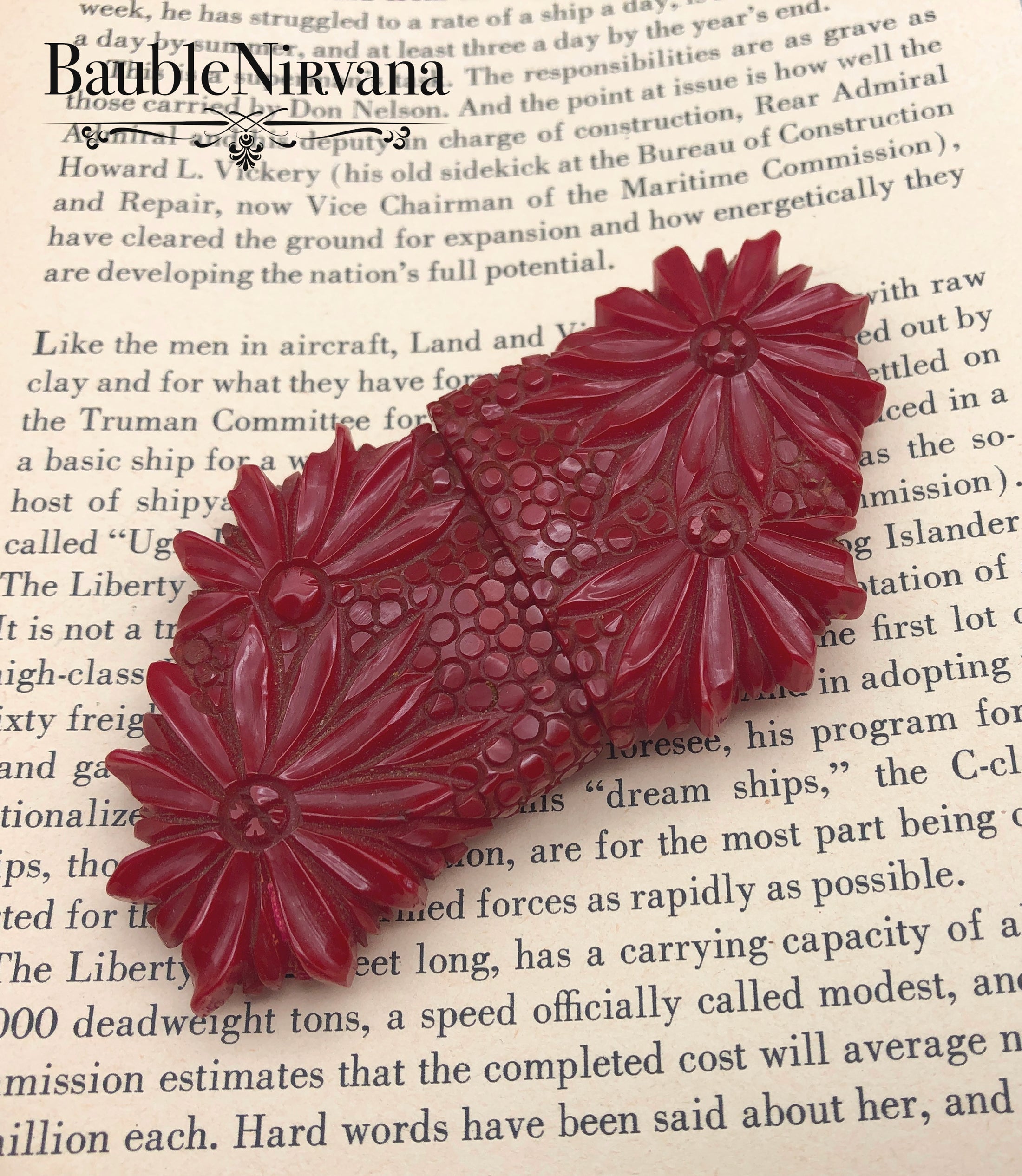 Vintage Bakelite Carved Flower Red Belt Buckle