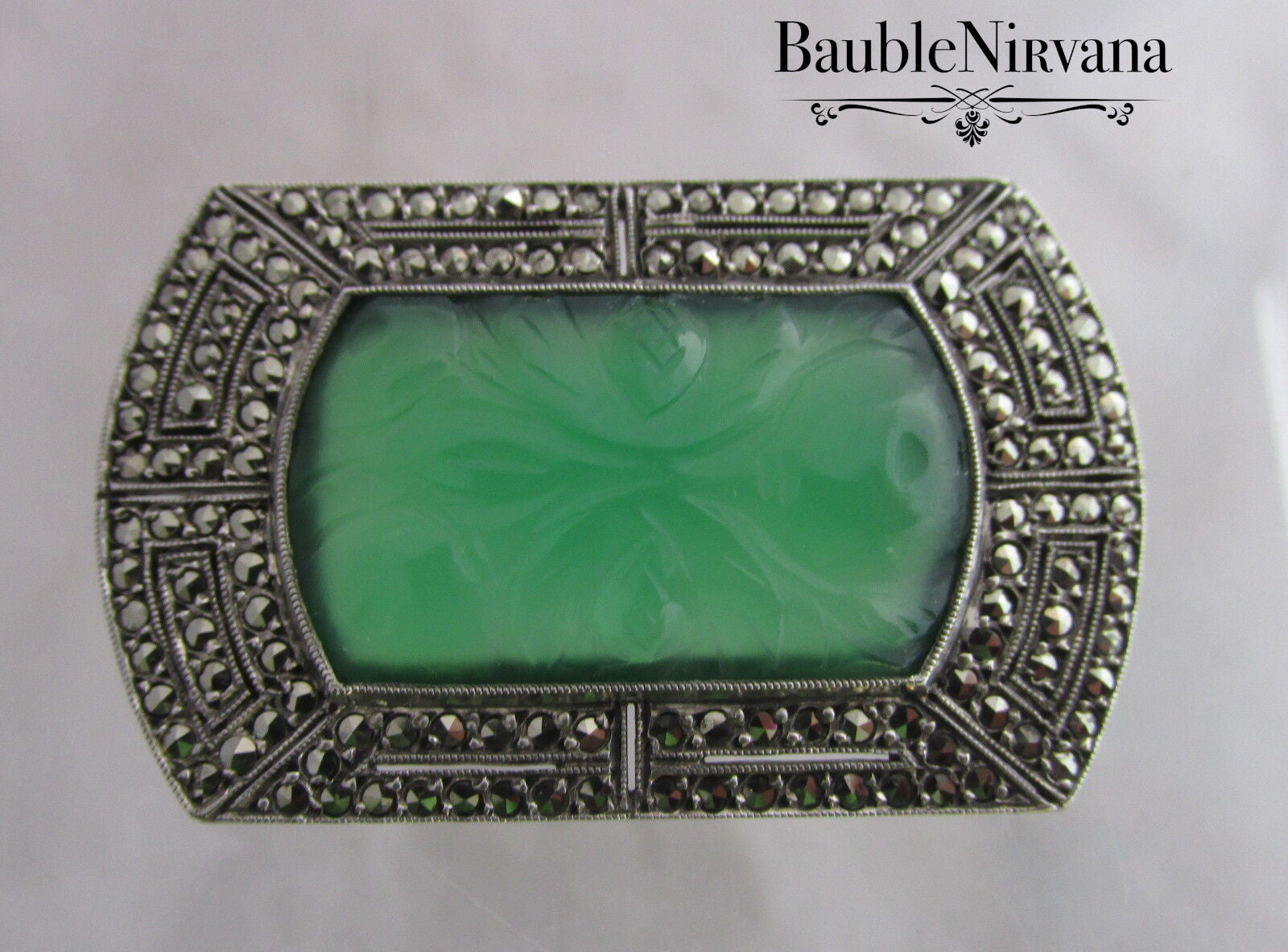 Art Deco French Sterling Silver & Green Pin