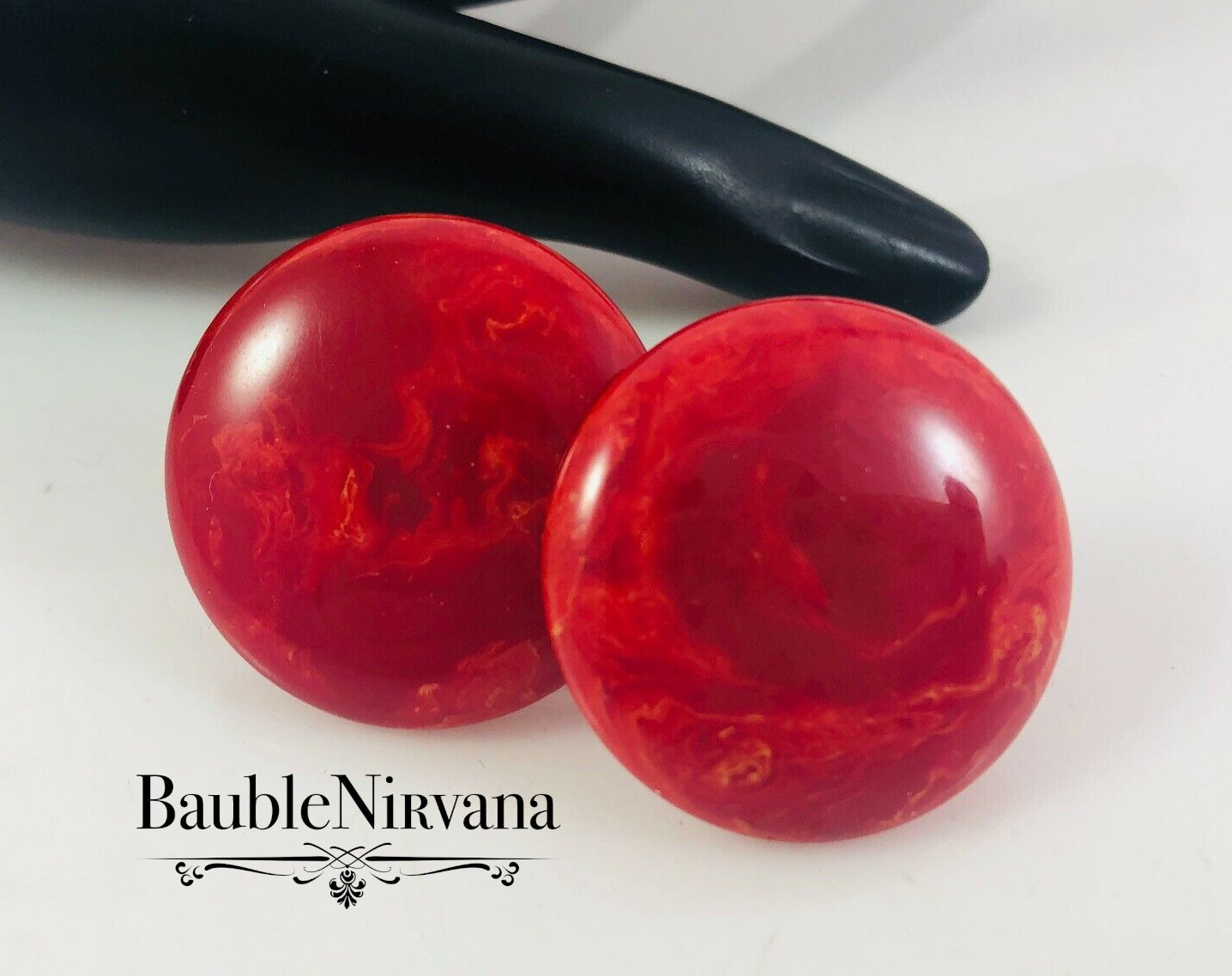 Vintage Bakelite Cherry Red Marbled Earrings