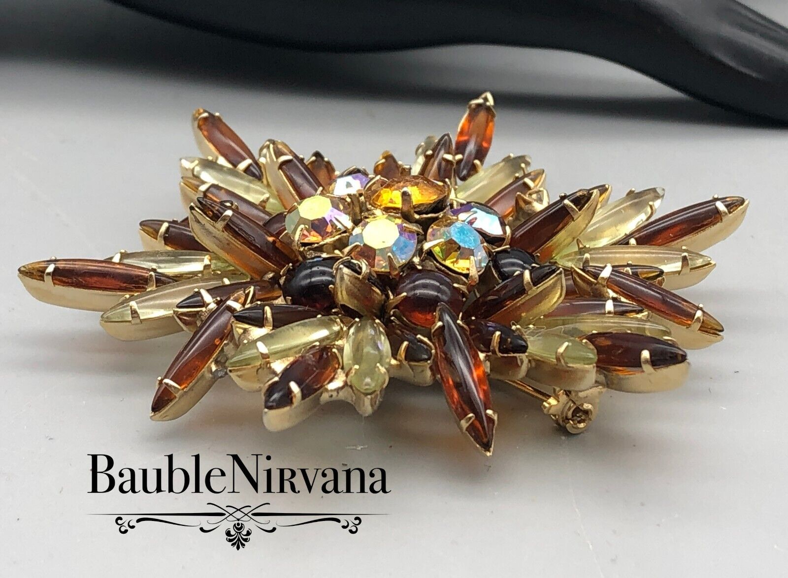 Schreiner Starburst Amber Citrine Glass Pin Brooch