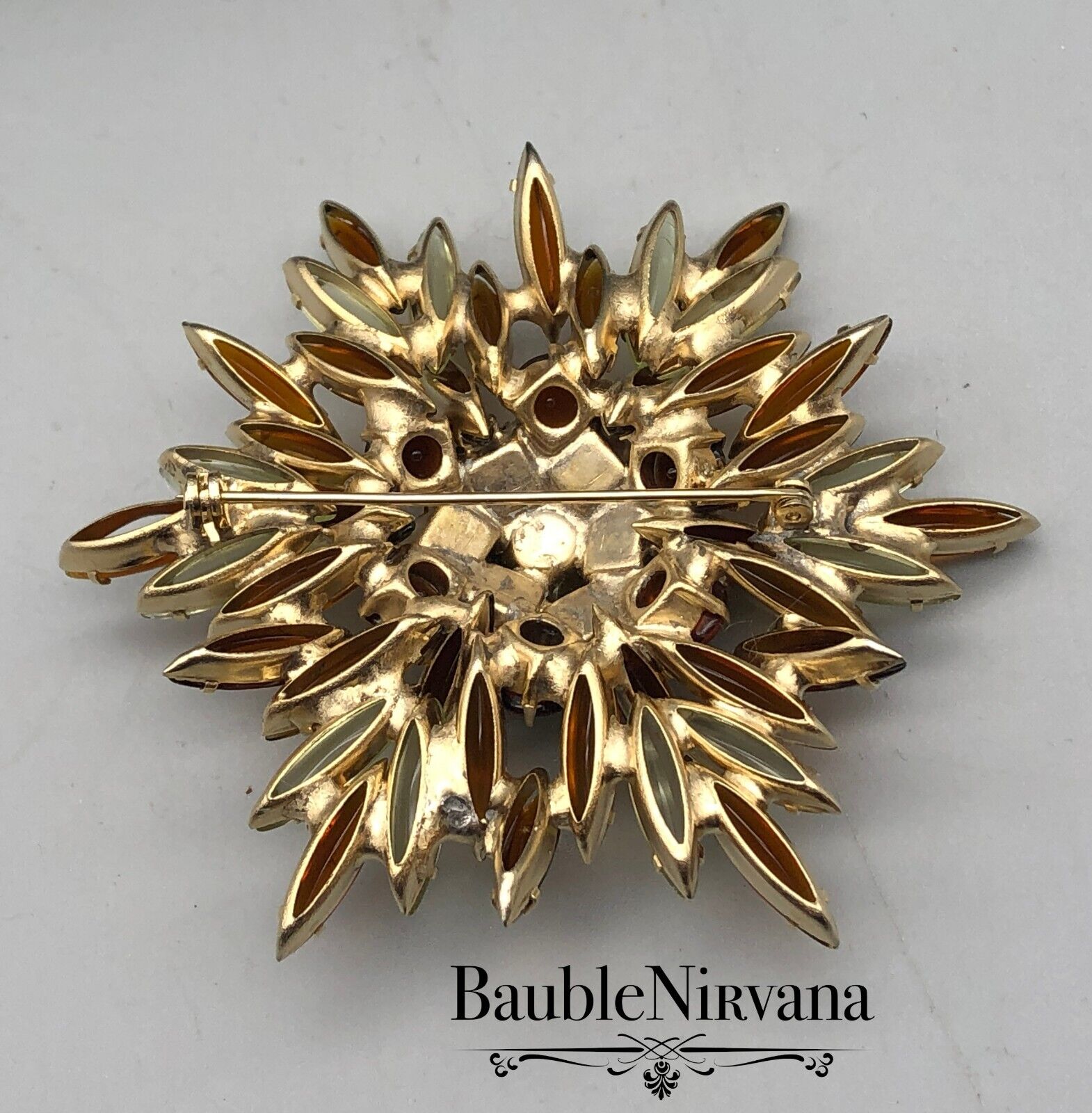 Schreiner Starburst Amber Citrine Glass Pin Brooch