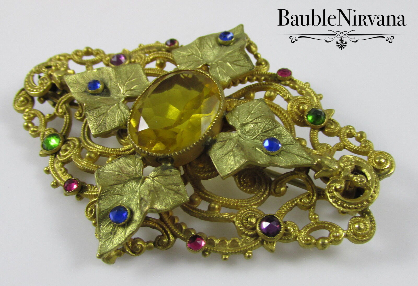 Antique Filigree Gold Gilt Pin Brooch