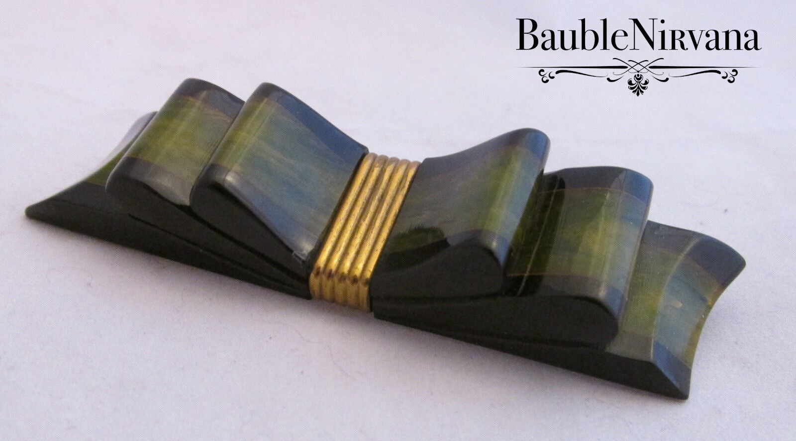 Bakelite Black & Green Bow Pin Brooch