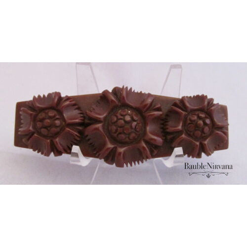 Bakelite Deep Heavy Carved Flower Pin Brooch