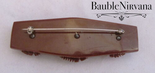 Vintage Bakelite Carved Chocolate Brown Bar Pin Brooch